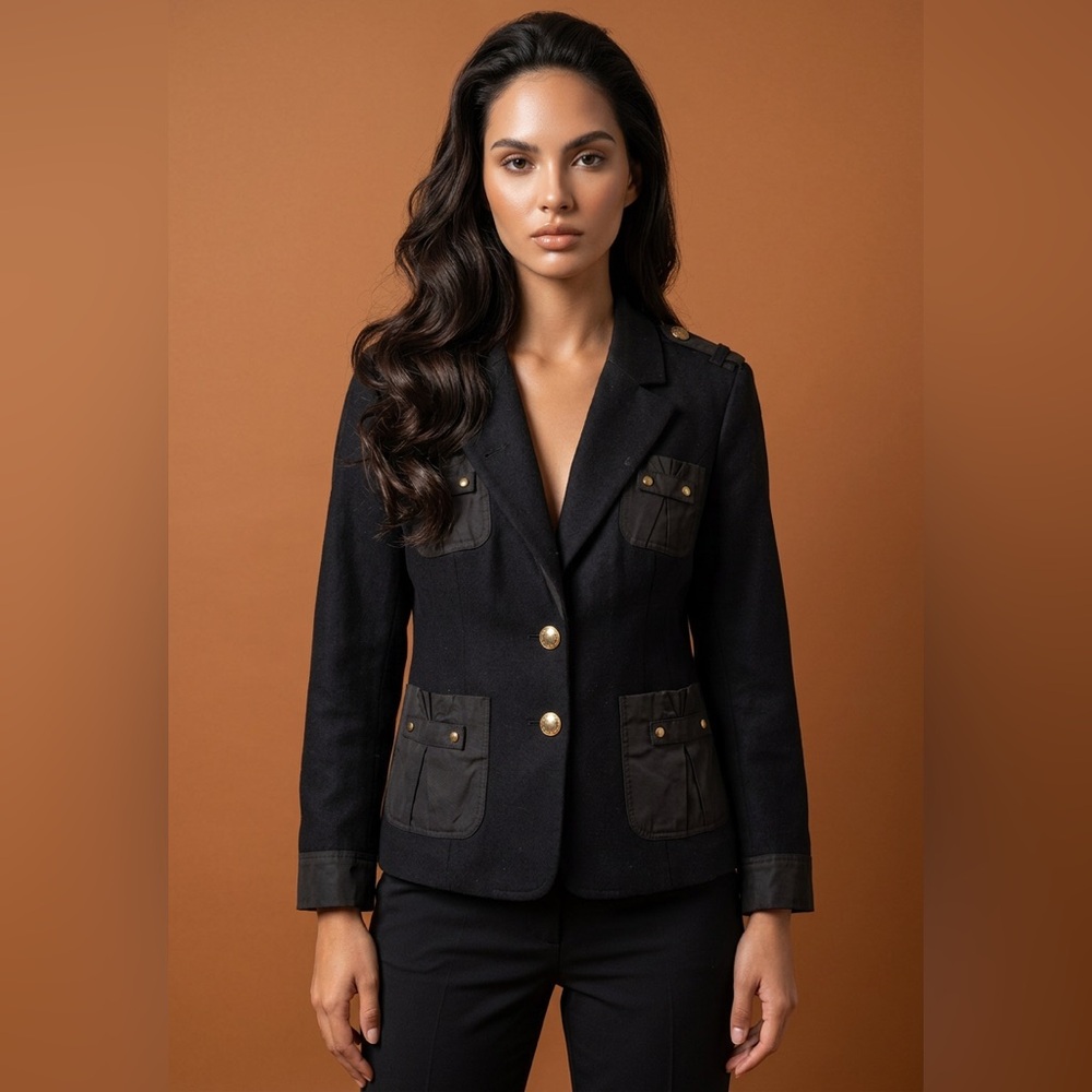 Diane von Furstenberg DVF Black Military Knit Blazer Jacket Epaulettes‎ Women 8